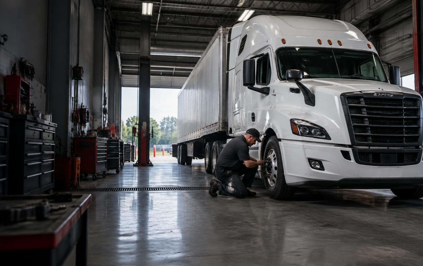 Heavy-duty semi truck being serviced in a professional repair bay